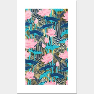 Art Deco Lotus Flowers in Pink & Navy Posters and Art